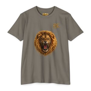 Lion Graphic T-Shirt — 'Egyptian Gold' Roaring Lion Tee with Gold Script Back