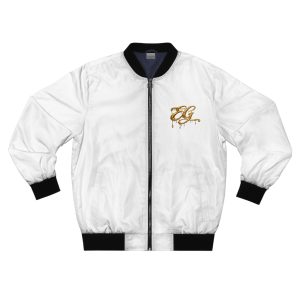 Egyptian Gold Bomber Jacket — White AOP Jacket with Gold Script & Sun Motif