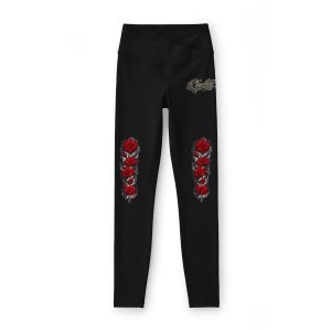 Women's Black Rose Leggings — Red Floral Knee Panels & Script Waist