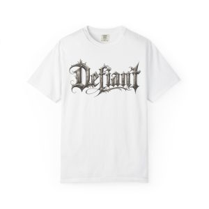 Defiant Graphic T-Shirt — Bold Gothic Front & Script Word-Art Back
